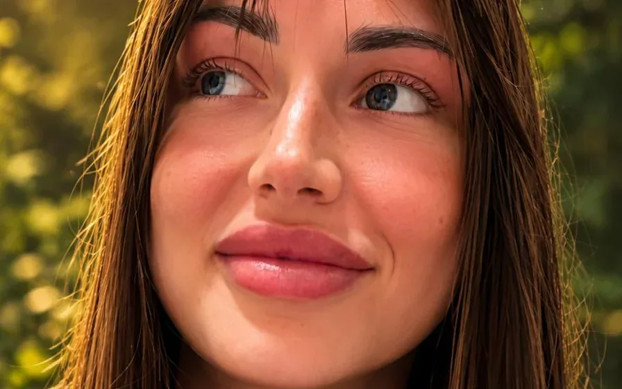 The same AI-generated portrait with an AI visualisation of lip enhancement — not a real result