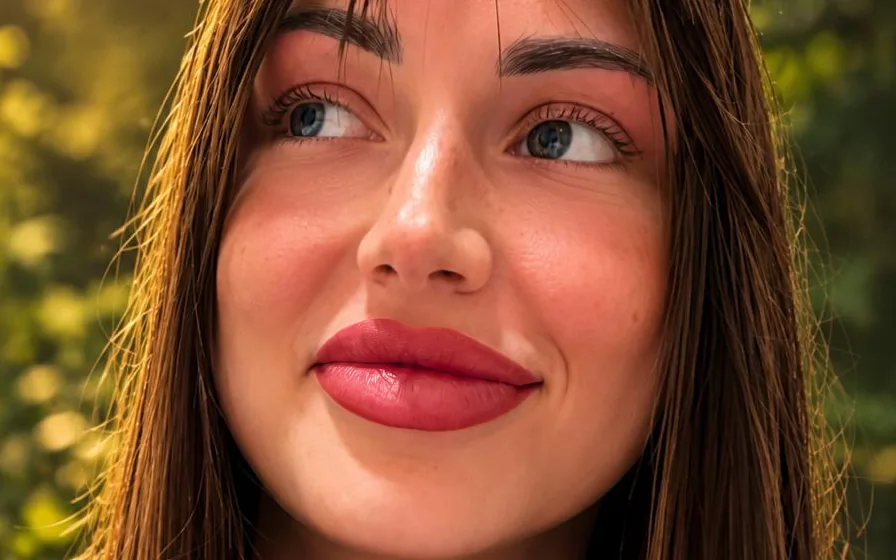 The same AI-generated portrait with an AI visualisation of healed lip blush — not a real result